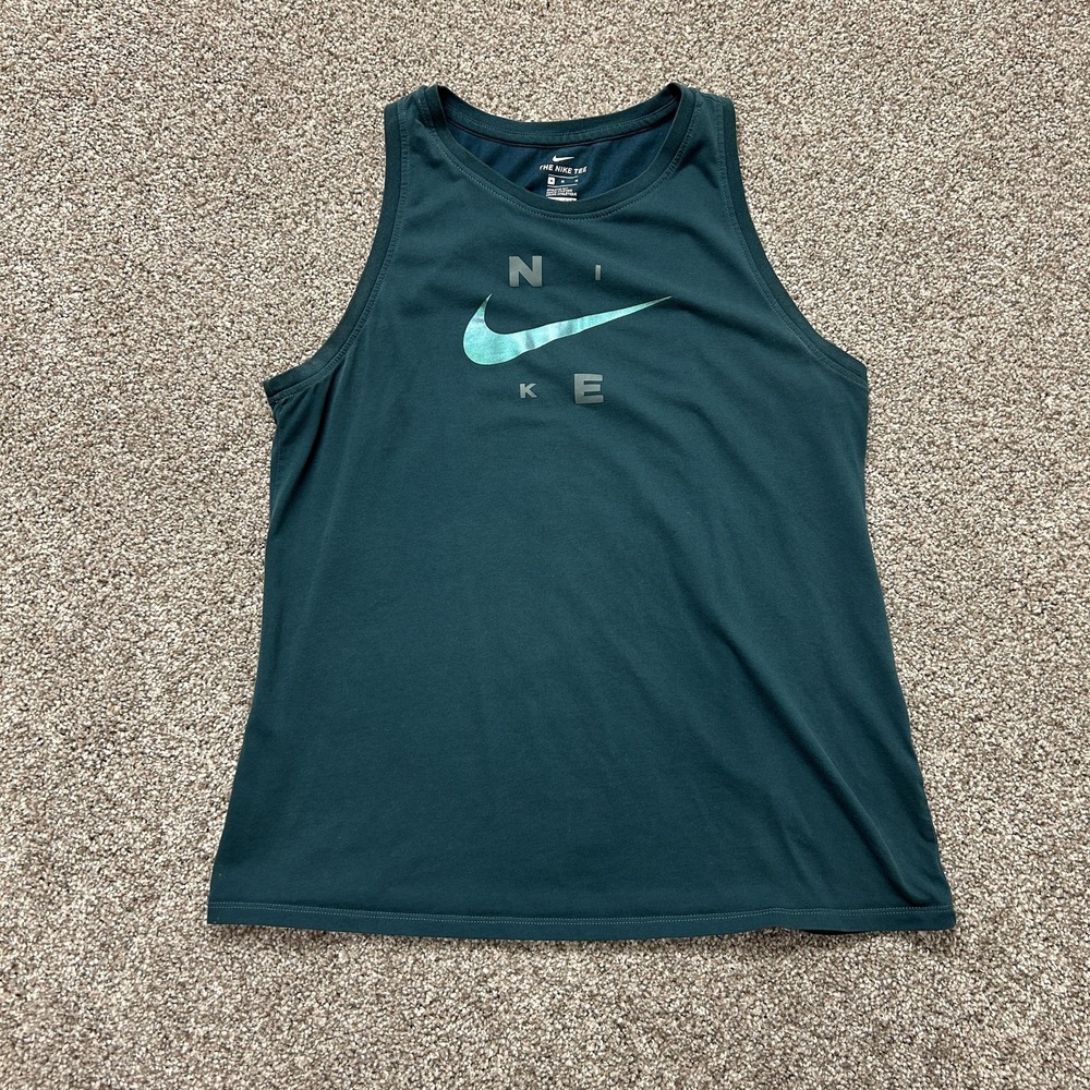 Nike Tank Top Shirt Womens Medium Teal Sleeveless Dri-FIT Logo Training Top